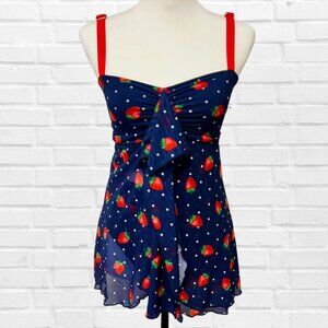 Unique Vintage Strawberry Two Piece Swimwear Matching Set Flared Top Pin Dot Med
